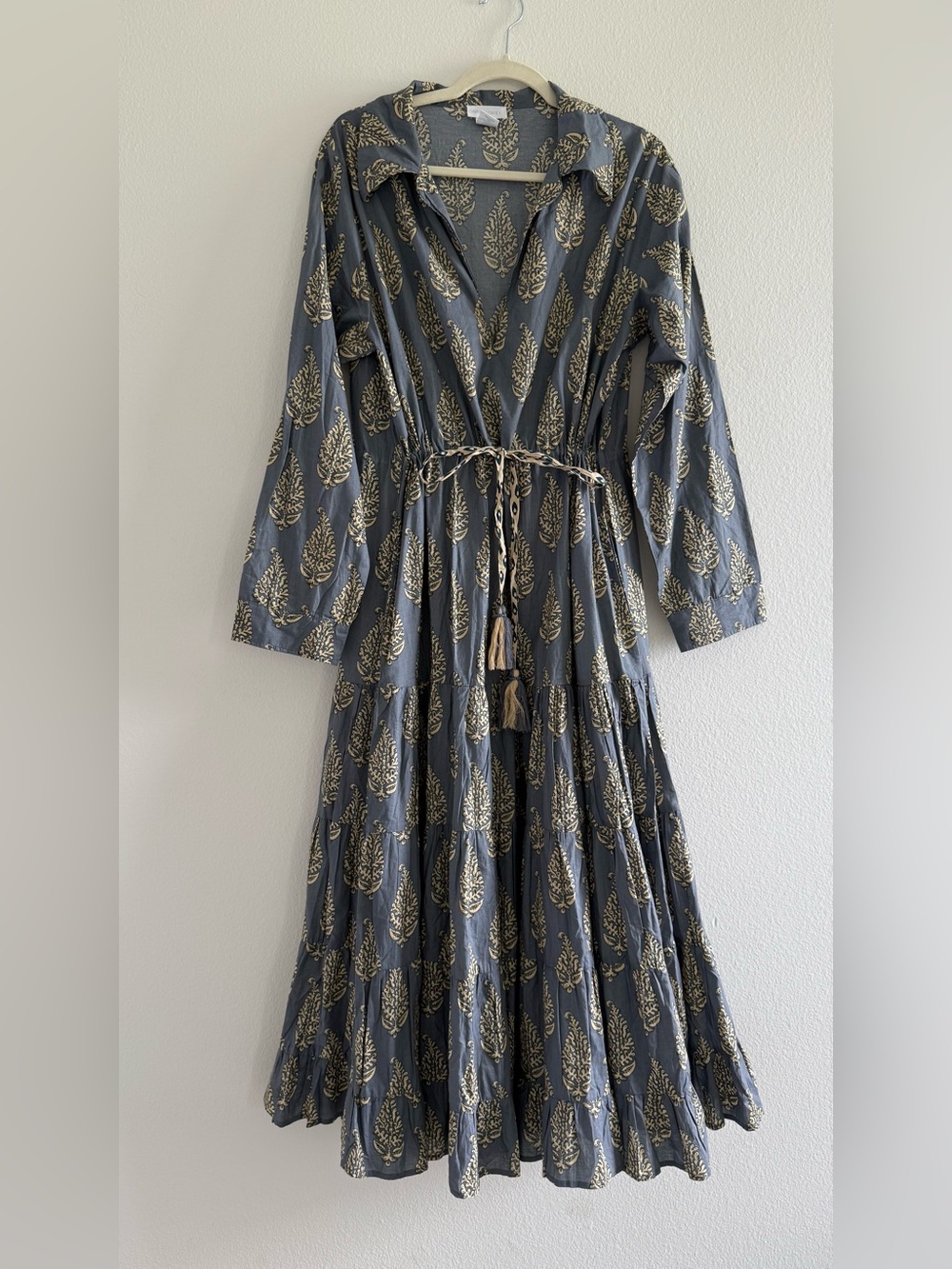 Women's Blue Grey Print Long Sleeve Maxi Dress